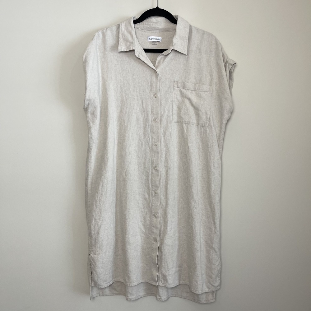 Calvin Klein Relaxed Linen Blend Button Down Khaki‎ Collared Shirt Dress Sz 12